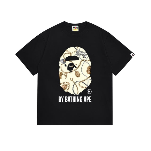 Ape Short Sleeves, Male And Female Teenagers Short Sleeves by SinKeeU. Black cotton women's T-shirt with a loose fit, featuring a round neck and short sleeves. The front design includes a graphic of an ape silhouette adorned with gold chain patterns and the text 'By Bathing Ape' in white. Ideal for teenagers and casual wear during spring, summer, and autumn.