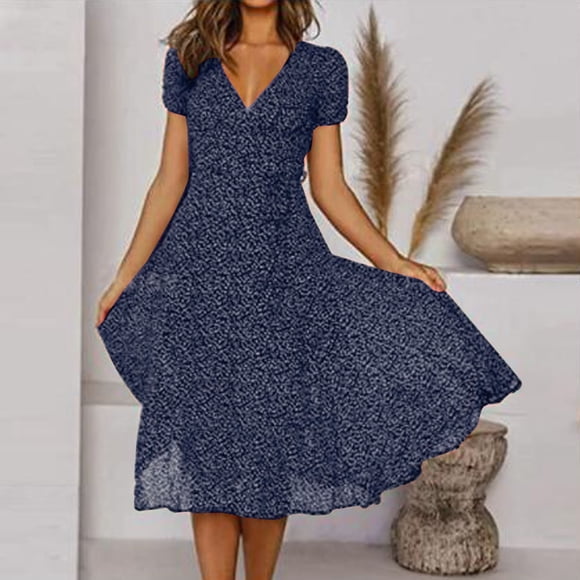 zanvin women's summer dresses, Fashion Women Summer V-Neck Bandage Dot Print Casual Short Sleeve Dresses ,gifts for girls