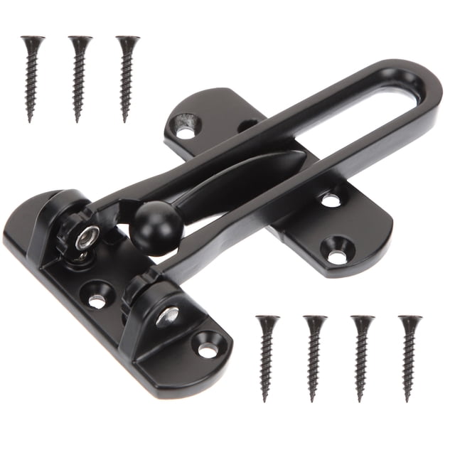 MasteelfCA Swing Bar Door Lock made of durable zinc alloy in black finish, featuring a flip lock design with sliding bolts, padlock holes, and double-layer fixing for enhanced security. Includes screws for installation. Suitable for doors, windows, cabinets, fences, and as a door stopper or security bar.