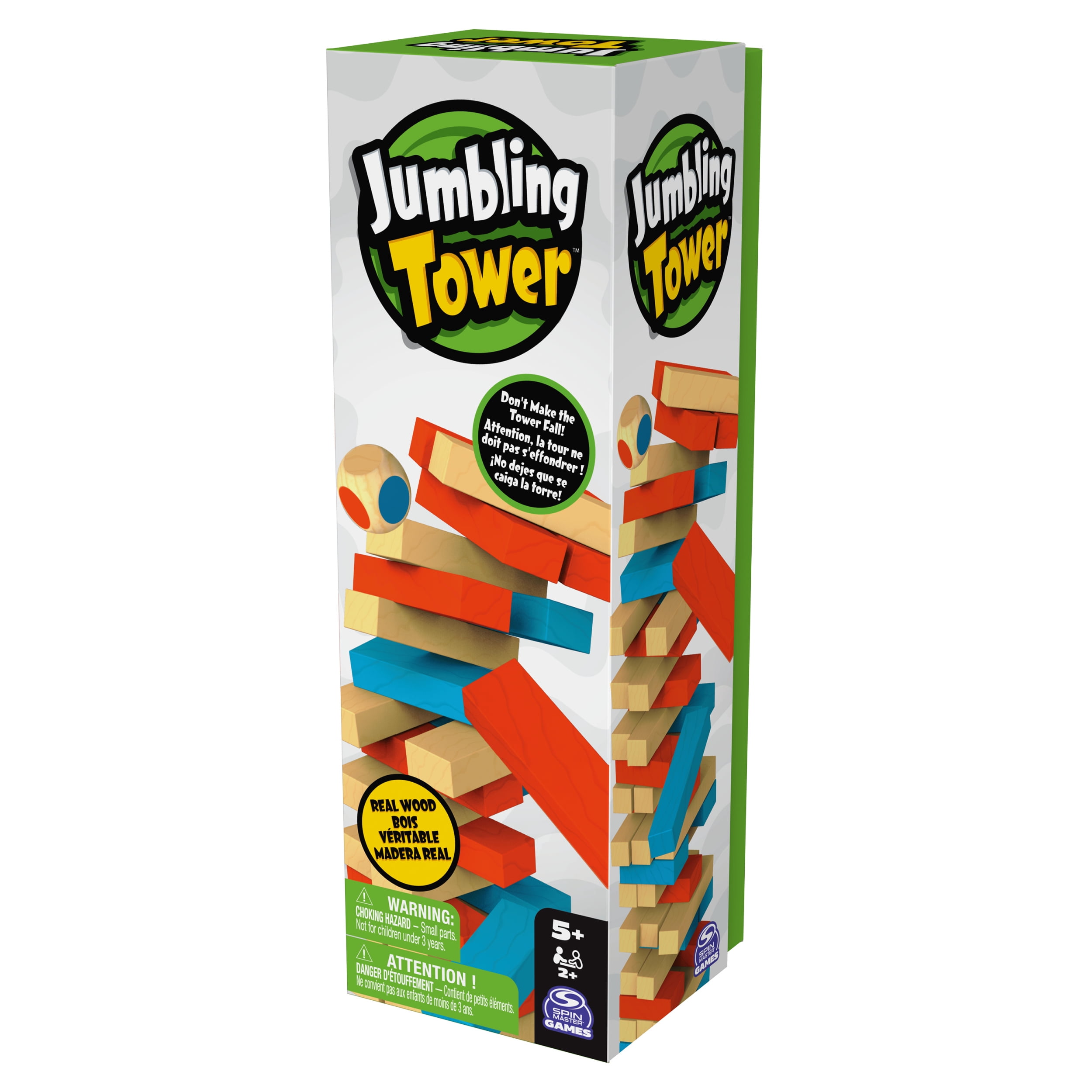 Spin Master Games, Jumbling Tower arc-en-ciel, jeu d'empilement et d'équilibre, jeu de construction, jeu de société en bois, pour les enfants à partir de 5 ans