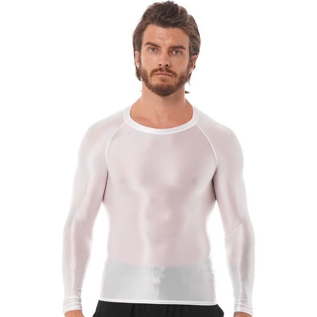 Jhaoyu Men's Glossy Long Sleeve Compression Shirts Athletic Workout Sports Rash Guard Undershirt White L