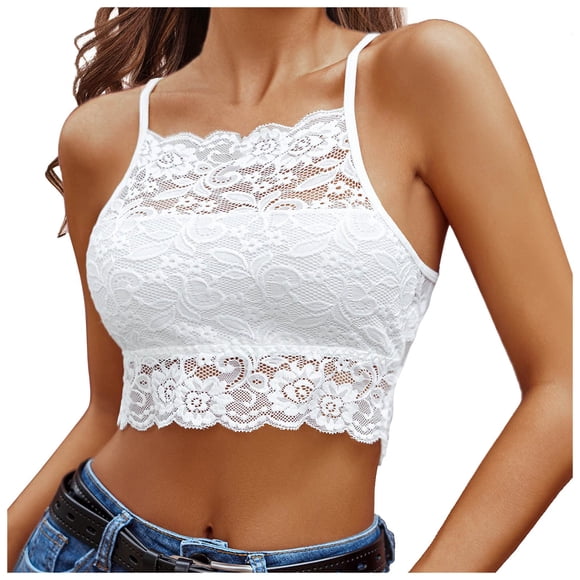 MIASHUI Womens Sleeveless Lace Crop Top Casual Basic Fitted Tank Top,White,M