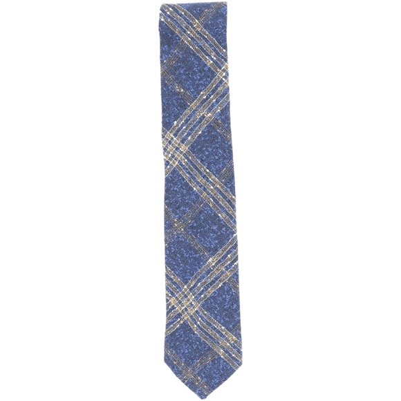 Gierremilano Men's Blue / Brown White Linen and Poly Plaid Necktie with Pilling - One Size