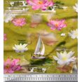thumbnail image 1 of Soimoi Green Velvet Fabric Yacht & Lotus Flower Print Sewing Fabric BTY 58 Inch Wide, 1 of 3