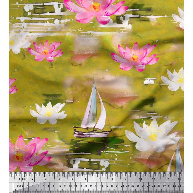 Soimoi Green Velvet Fabric Yacht & Lotus Flower Print Sewing Fabric BTY 58 Inch Wide