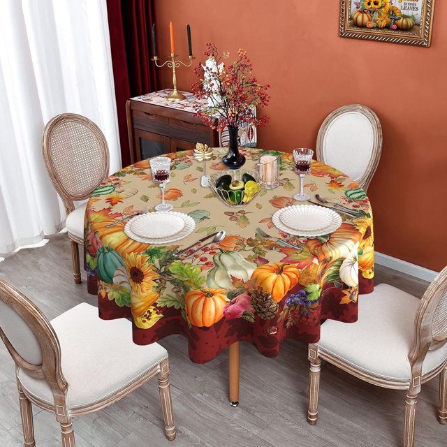 Nappe Ronde d'Automne, Nappe Ronde d'Automne 60 Pouces, Nappe Ronde d'Action de Grâce avec Citrouilles d'Automne, Housse de Table Ronde d'Automne