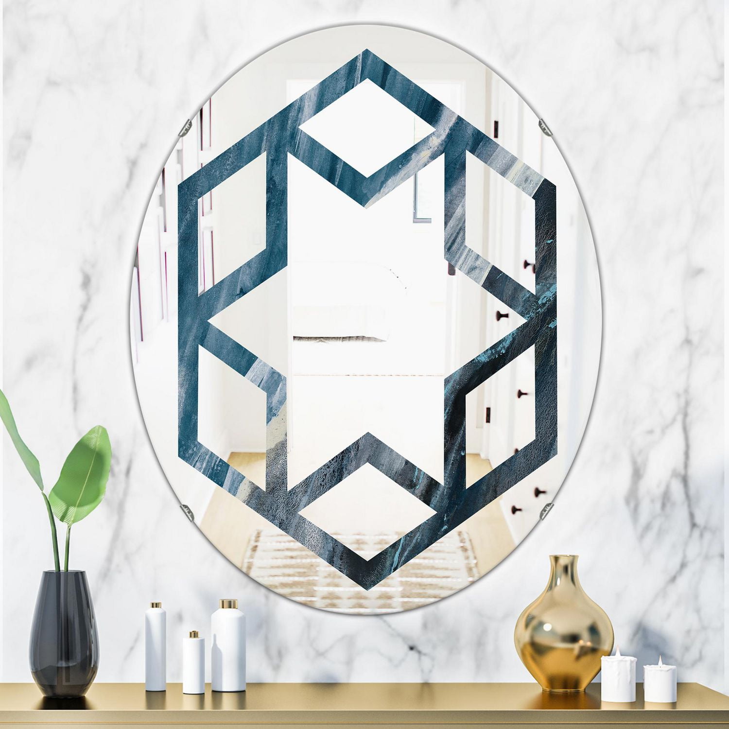 Designart 'Splash Blue Indigo' Miroir mural ovale moderne - Étoile hexagonale 24x36