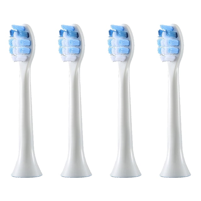 Têtes de Brosse à Dents de Rechange, 4 Têtes de Brosse par TAIWO, Dotées d'Un design à Clic pour une Fixation Facile. les Têtes de Brosse Ont des Poils Doux Bleus et Blancs, Convenant au Maintien de l'Hygiène Buccale. les Dentistes Recommandent de les Remplacer Tous les 3 Mois pour des Résultats Optimaux. l'Emballage Comprend Quatre Têtes de Brosse Identiques Présentées sur un Fond Blanc.