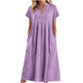 thumbnail image 3 of justHIGH Robe Midi en Coton et Lin pour Femme 2026 Été à Manches Courtes Décontractée Robes Plissées Ligne A Robe de Plage avec Poches Violet, TG, 3 of 7