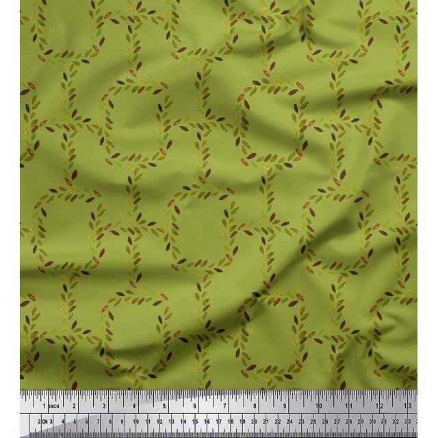 Soimoi Green polyester Crepe Fabric Leaves & Geometric Print Sewing Fabric Yard 42 Inch Wide