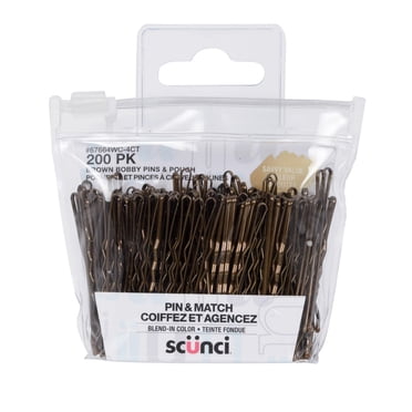 Ensemble de 200 pinces brunes Scunci Savvy Value, maintien type pince et broche, sac réutilisable