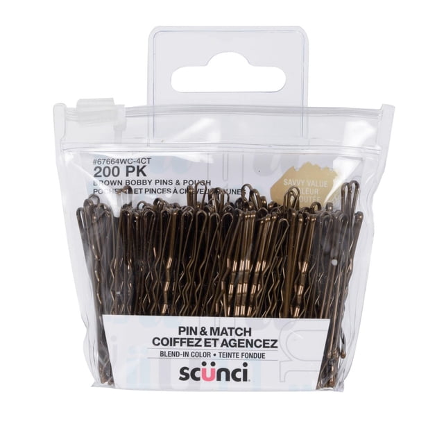 Scunci Savvy Value 200pk Brown Bobby Pins in a clear reusable zip tie pouch, tightly packed brown metal bobby pins with wavy grip design, designed for all hair types and lengths, ideal for secure hair styling and convenient travel storage.