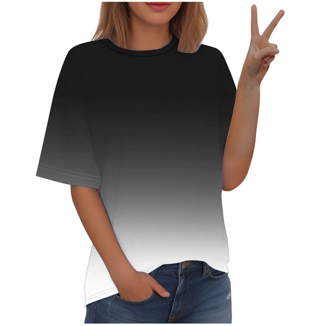 Timegard Plus Size Tops for Women Gradient Color Short Sleeve Round Neck Blouses Casual Comfy T Shirts