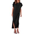 thumbnail image 4 of Kmbangi Robes Longues Noires pour Femmes pour l'Été 2023, Manches Chauve-Souris Courtes Col Rond Fendu Robe de Plage Décontractée, 4 of 9