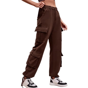 LUOGENLI Female Casual Pants Parachute Pants for Women Drawstring Elastic Waist Ruched Baggy Cargo Pants Multiple Pockets Jogger Pant Women Business Casual Pants Stretch Waist Coffee L