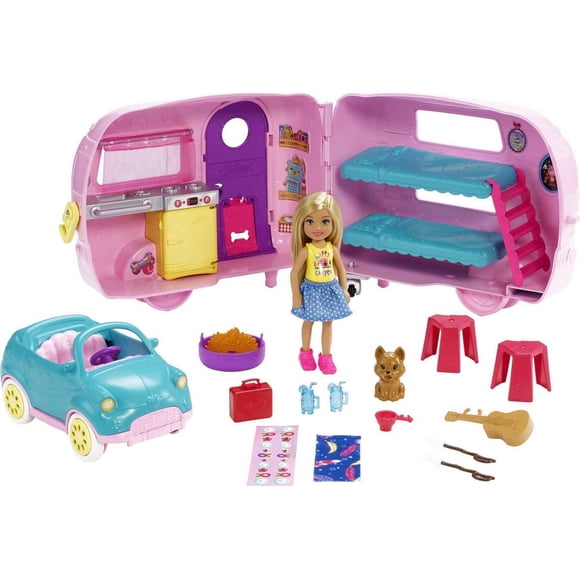 Coffret Barbie Chelsea et sa Caravane avec Poupée, Chiot, Voiture, Caravane Transformable et Accessoires