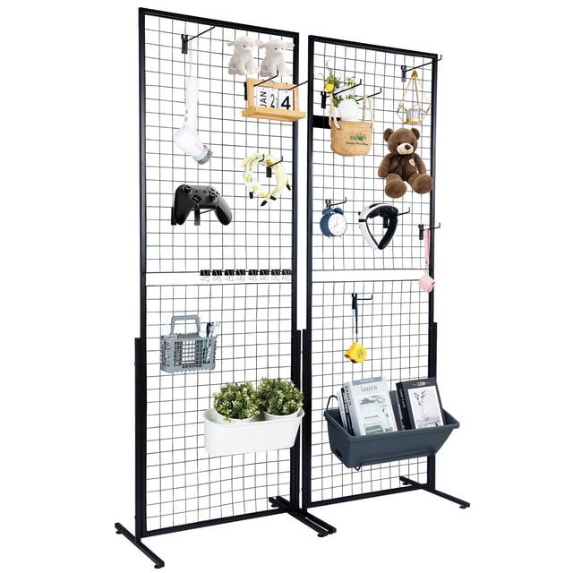 SKYSHALO 2' x 5.6' Grid Wall Panels Tower, 2 packs of double-sided wire gridwall display racks with T-base floorstanding design. Ideal for art craft shows, retail displays, or home organization. The panels are shown holding items like plants, toys, and accessories, with extra clips and hooks for customization. Suitable for maximizing vertical space without wall drilling.