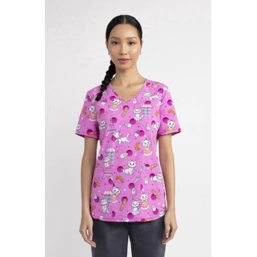 Haut médical imprimé à encolure en V pour femmes Scrubstar – Collection mode, motif « Cat-puccino », tailles TP à 3TG