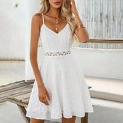 Gspmoly Womens Dress, Women'S Casual Solid Color Suspender Patchwork Lace V-Neck Dress Vacation Dresses for Women Holiday Gifts