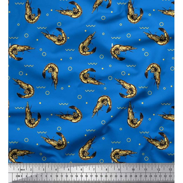 Soimoi Polyester Crepe Fabric Circle,Dot & Prawns Ocean Printed Fabric 1 Yard 52 Inch Wide