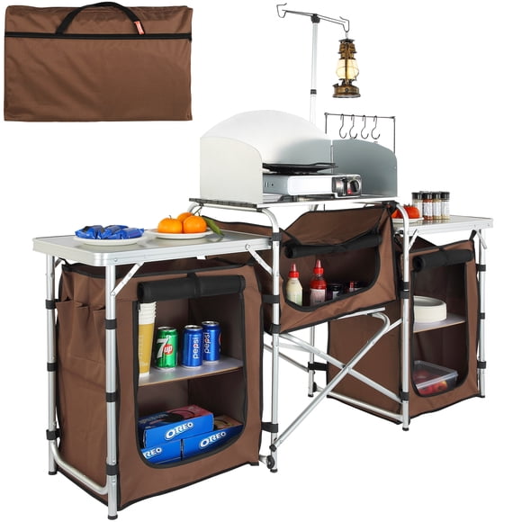 VEVOR Table de Cuisine de Camping, Table de Cuisson Extérieure Pliable avec Sac de Transport de Rangement, Station de Cuisson en Aluminium 3 Armoires et Pare-Vent Détachable, Installation Rapide pour Pique-Niques, BBQ, Voyages en VR, Brun