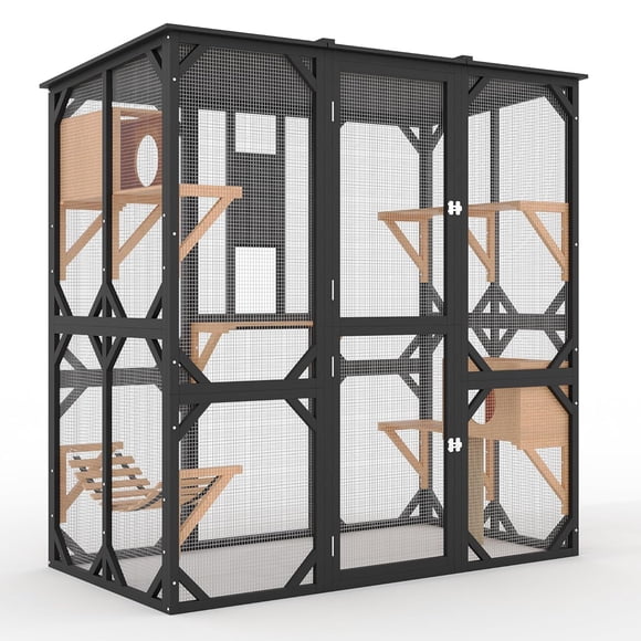 Outdoor Cat Enclosure Large - 173x92.4x177cm Walk-In Catio with Waterproof Roof (Black) for Multiple Cats, Includes Platforms & Resting Boxes