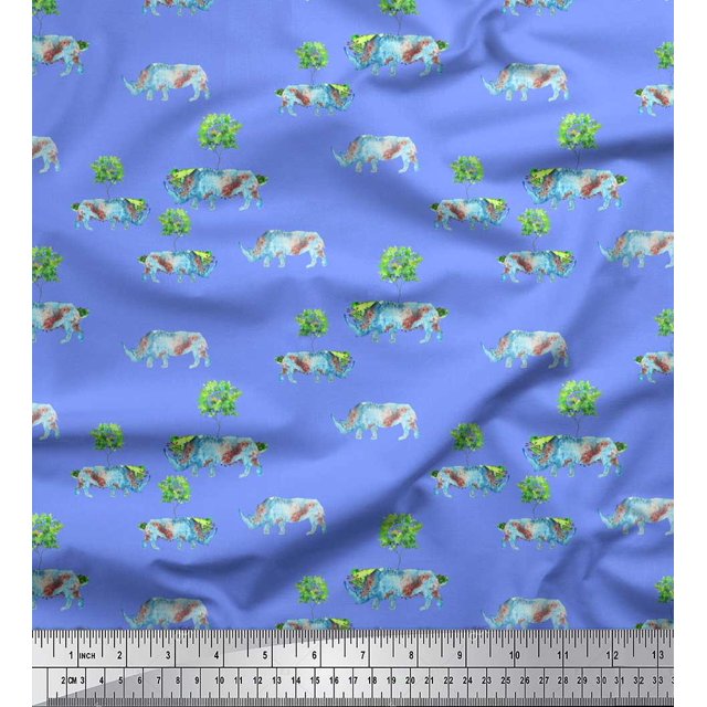 Soimoi Blue Velvet Fabric Tree & Rhinoceros Animal Print Fabric by Yard 58 Inch Wide