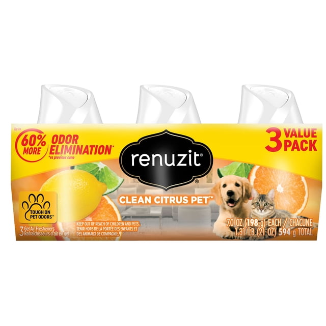 Renuzit Adjustable Air Freshener Clean Citrus Pet 3pk featuring three white solid gel cones in a yellow-orange package with citrus fruit images and a dog and cat, offering up to 60% more odor elimination and made with 98% biodegradable gel, suitable for controlling pet odors.