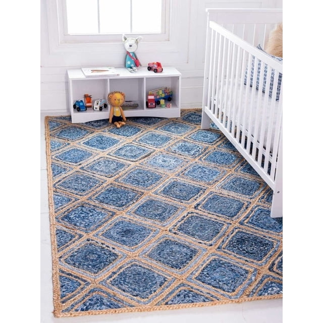 Aizza Trends Hand Made Hand Braided Natural Jute and Denim Floor Area Rug / Floor Carpet Rug / Natural Jute Rug