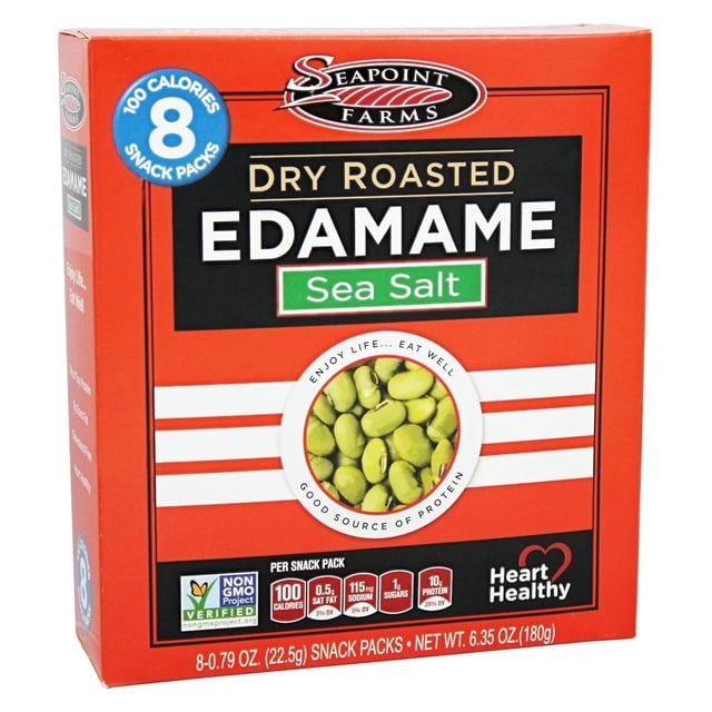 SeaPoint Farms Edamame Dry Roasted Snack Packs with Sea Salt, 6.35 oz box. The red packaging features the product name in bold, emphasizing its heart-healthy benefits, non-GMO verification, and 100-calorie snack packs. The box contains 8 individual packs, each offering a crunchy, plant-based protein snack that is gluten-free and perfect for on-the-go snacking.