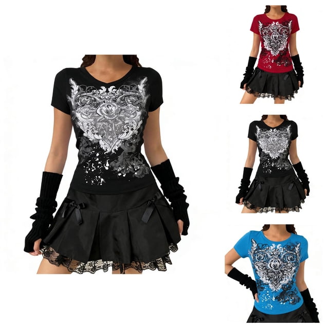 T-shirt Gothique Y2k pour Femmes 2026 Été Décontracté à Manches Courtes Col Rond Coupe Ajustée Rétro Punk T-Shirts Graphiques