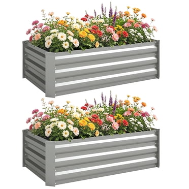 Outsunny Set of 2 Raised Garden Beds, Galvanized Planter Box, Light Grey