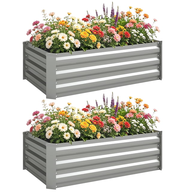 Outsunny Set of 2 Raised Garden Beds, Galvanized Planter Box, Light Grey