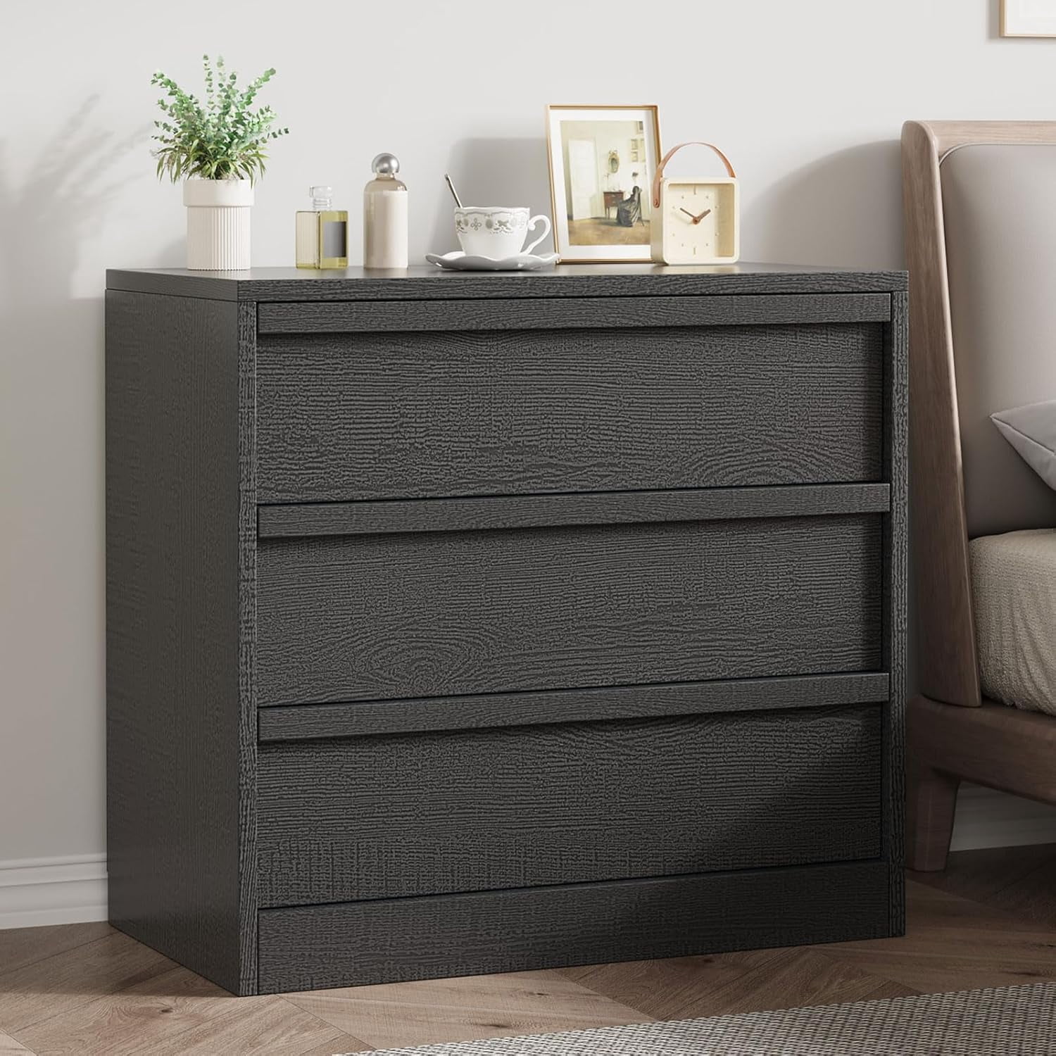 3 Drawer Nightstand for Bedroom, 30in Tall Small End Side Table with Large Storage & Anti-Tip Design, Modern Bedside Table Organizer for Living Room, Entryway - Black