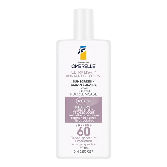 Ombrelle Ultra Light Advanced SPF 60 Sunscreen 50 mL white rectangular bottle with white cap, offering broad-spectrum UVA and UVB protection with Mexoryl technology. This hydrating, non-greasy face lotion provides SPF 60 protection in a compact size suitable for daily use.