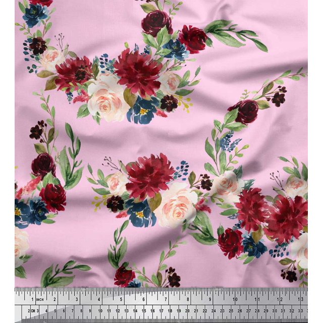 Soimoi Pink Poly Georgette Fabric Ranunculus & Penoy Floral Print Printed Fabric 1 Yard 42 Inch Wide