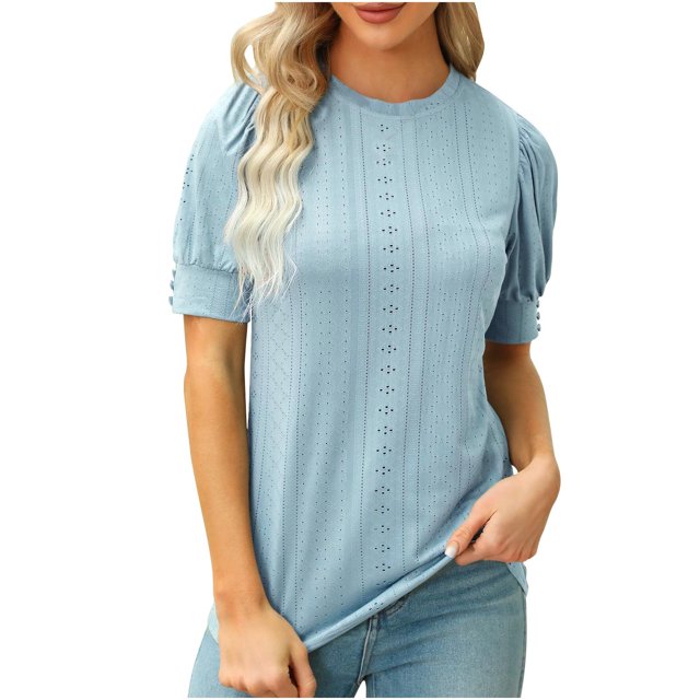 Timegard Hauts pour Femmes, Oeillets, Col Rond, Manches Courtes Bouffantes, Boutonné, Confortable, Couleur Unie, Tunique Décontractée