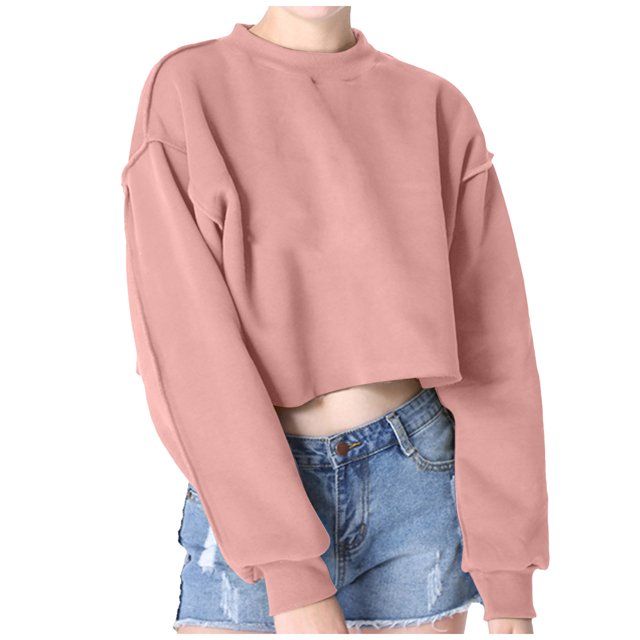 Yuyuzo Sweatshirts Courts pour Femmes Manches Longues Couleur Unie Col Rond Ample Décontracté Automne Pull Tops
