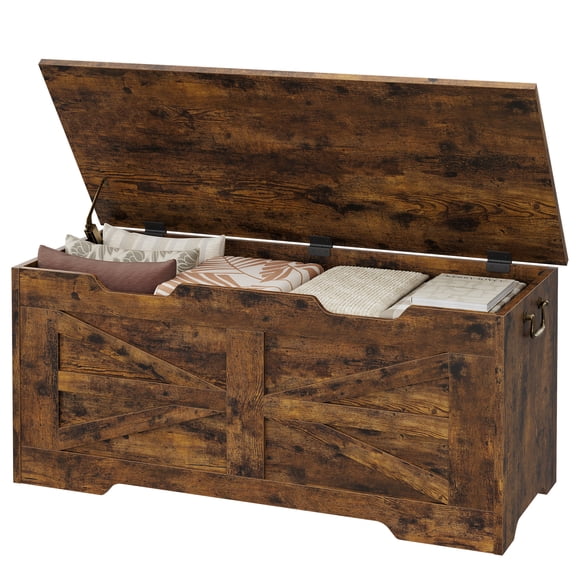39.4" Storage Chest, Storage Bench Wooden Toy Chest Box, Farmhouse Storage Trunk with Safety Hinge, Supports 350 lbs, for Entryway, Living Room, Bedroom,Rustic Brown