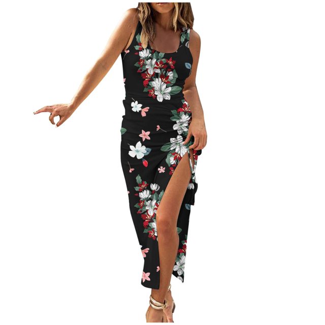 Womens Sleeveless Tight Maxi Dress Side Slit Drawstring Ruched Slim Fit Tank Dress U Neck Summer Club Beach Sun Dresses