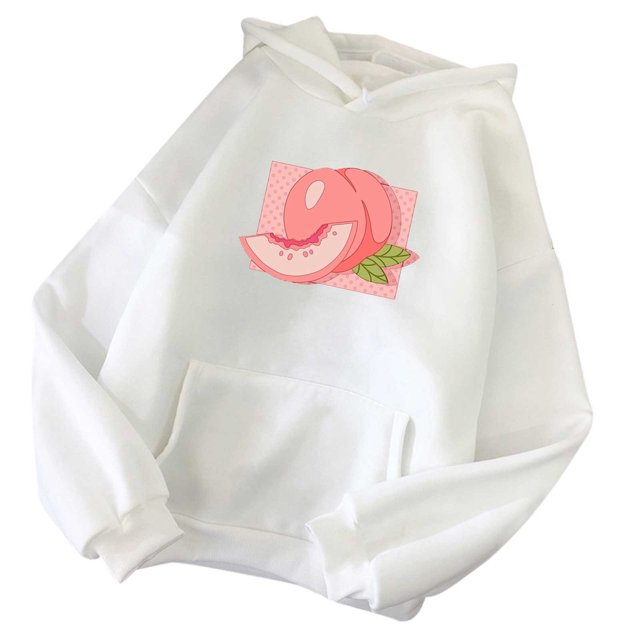 Pompotops Femmes Mignon Ample Imprimé Fraise Décontracté Manches Longues Hauts à Capuche Poches Chandails en Molleton Chandail