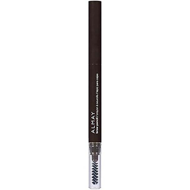 Almay Hypoallergenic Eyebrow Pencil with a slim, dual-ended design including a pointed dark brown tip for defining and filling brows and a clear spoolie brush for blending, hypoallergenic and suitable for sensitive eyes.