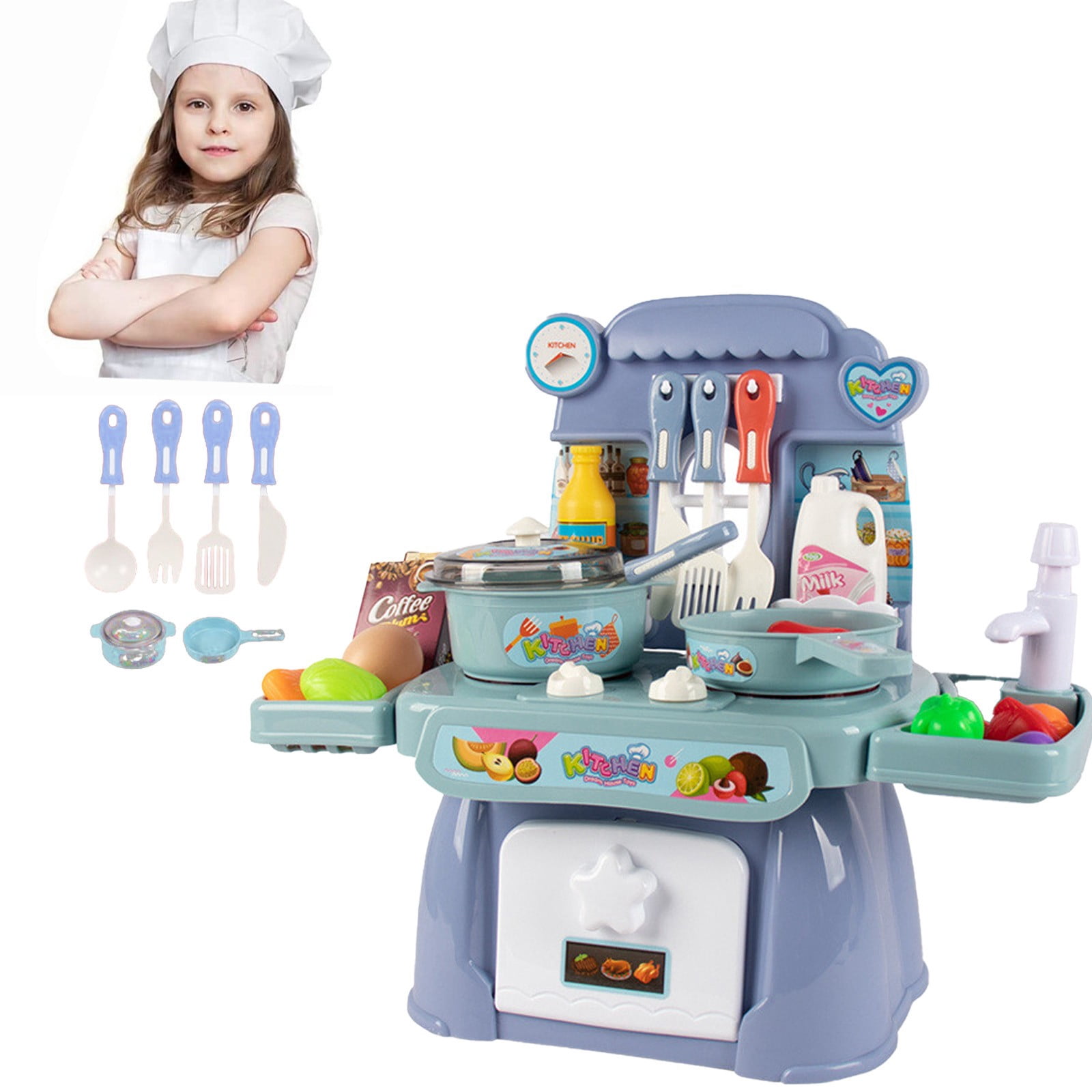 Mini Play Kitchen Toy Blue Plastic 13.58X11.8X6.49In Simulation Cooking Set With Pots Pans For Kids Pretend Play And Role Play Gift