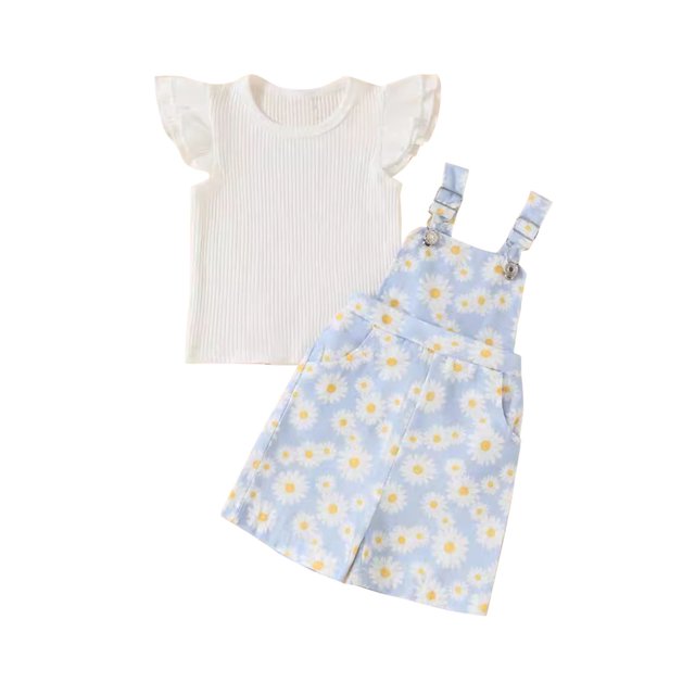 Birdeem Tank Top for Girls Chrysanthemum Print Set Flying Sleeve T-Shirt Set Baby Girl Backpack Pants Set