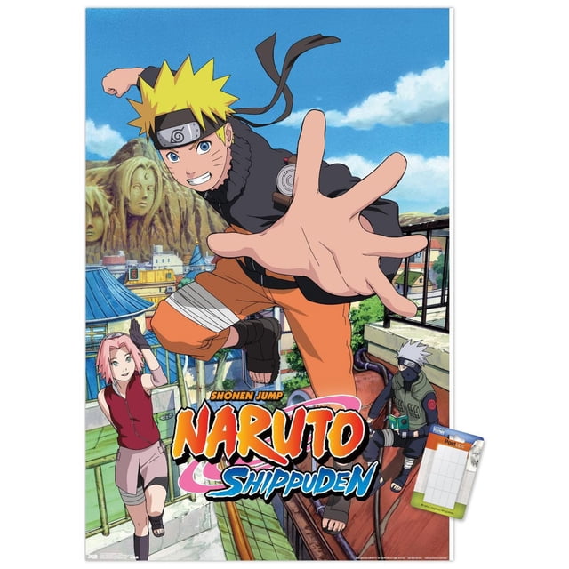Naruto Shippuden - Jump Wall Poster, 22.375" x 34" featuring Naruto Uzumaki in mid-leap with an outstretched hand, wearing orange pants, a black jacket, and a ninja headband. Sakura Haruno stands to the left in a red top and pink shorts, and Kakashi Hatake sits on the right in green ninja attire with a mask. The background shows the Hidden Leaf Village under a blue sky with clouds. The poster includes the Naruto Shippuden logo and is printed on glossy paper ideal for room decor.