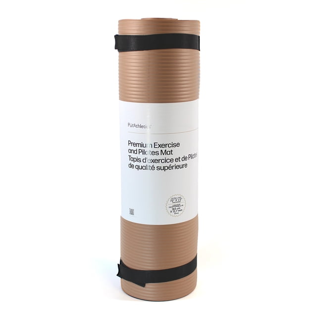 PurAthletics Tapis NBR Extra Épais et Long en mousse Moka, Roulé et Fixé avec des Sangles Extensibles Noires, Doté d'Une texture en mousse à Cellules Fermées Côtelée et d'Une Étiquette Blanche avec une Taille de 72 par 24 Pouces et une Épaisseur de 1/2 Pouce, Convient aux Entraînements de yoga, Pilates et Mise en Forme sur surfaces Fermes.