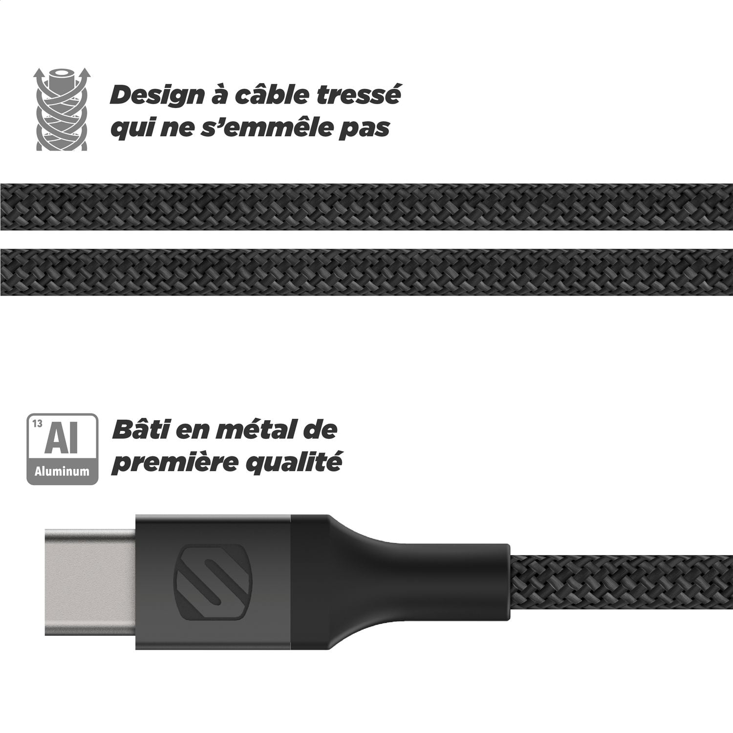 Câble tressé Scosche CAB10-SP USB-A vers USB-C Charge & Sync 10 pieds Noir