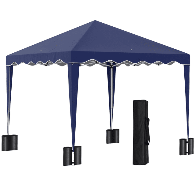 Outsunny 10' x 10' Pop Up Canopy Tent with Carry Bag in blue, designed with a powder-coated steel frame and 210D Oxford cloth roof with silver coating for water protection. Features adjustable height, ground pegs, guy ropes, and a foldable design with a black carrying bag for portability. Suitable for outdoor events like BBQs, receptions, garden parties, and portable shade needs.