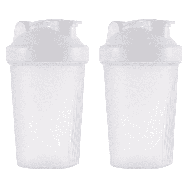 Shaker Bottle Protein Storage for Powder Workout Gym Wire Whisk Balls, ideal for gym use and fitness enthusiasts. Features a screw-on lid for a leak-proof seal, flip cap for secure closure, and loop top for easy carrying. Includes stainless steel wire whisk balls for efficient mixing of protein shakes, smoothies, and supplements. Wide mouth design allows for easy addition of mix scoops and liquids, with embossed markings for measuring ounces and milliliters. Set of two bottles in a neutral color.