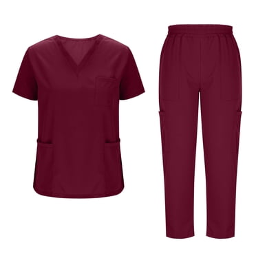 Amzcrzy Scrubs for Women Set Solid Color Short Sleeve V Neck Scrubs Tops Multi Pockets Jogger Scrub Pants for Women Casual Work Scrubs Sets